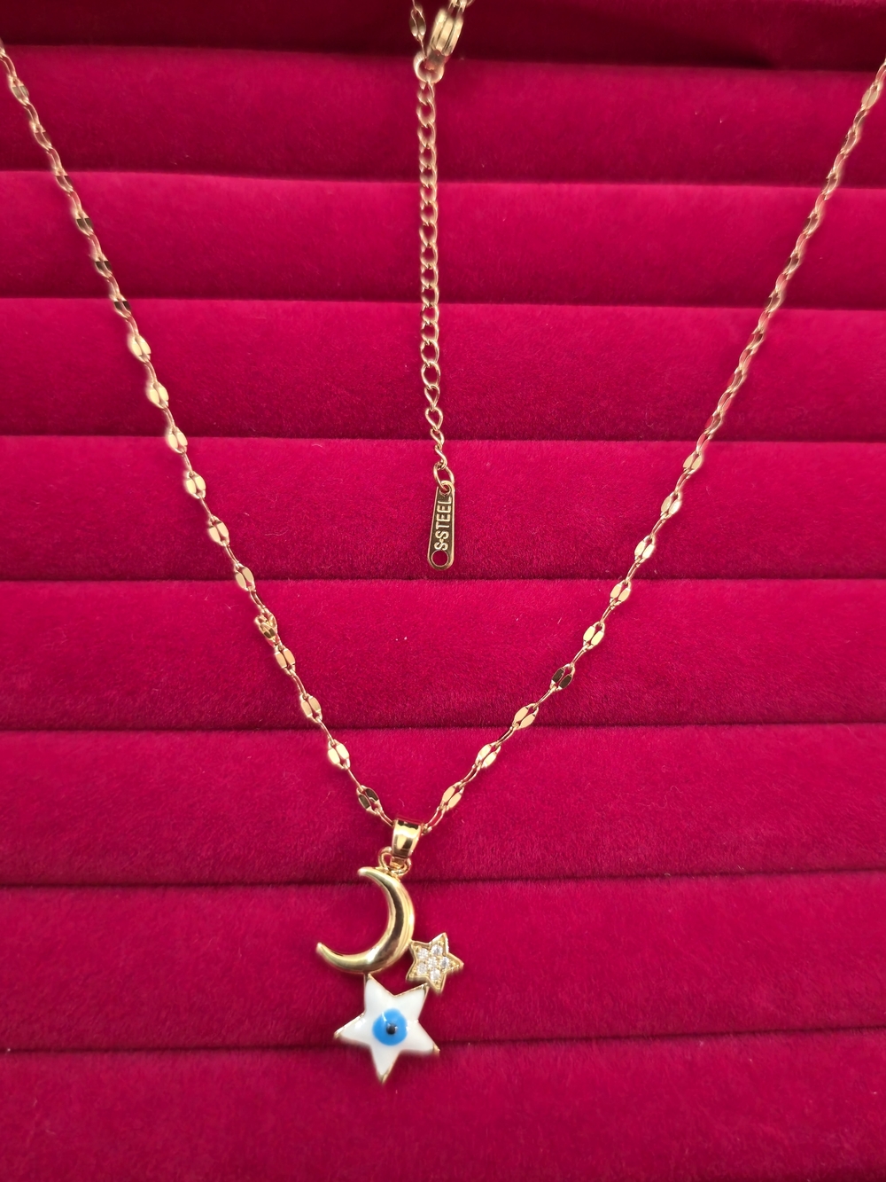 18K Gold Plated Crescent Moon & Star Necklace w/ Evil Eye Celestial Jewelry B003